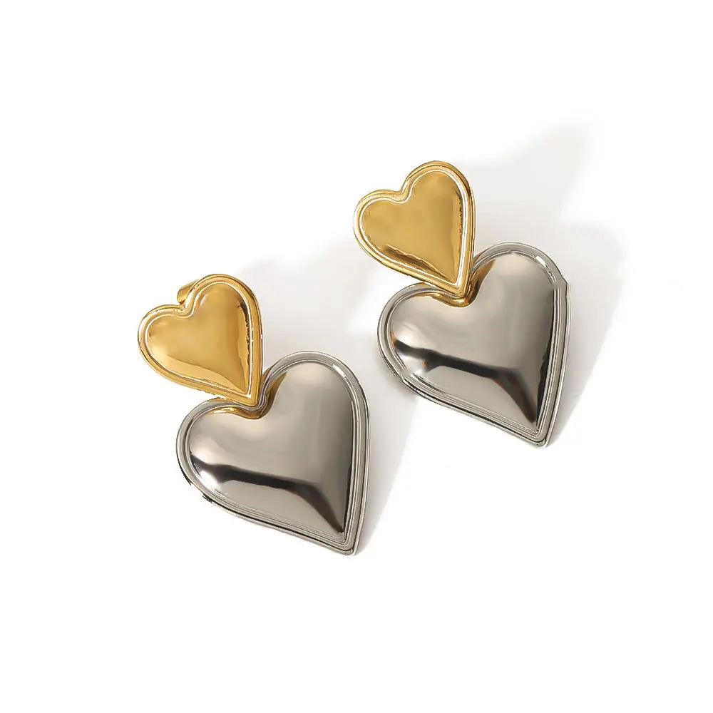 1 Pair Sweet Fresh Style Double Heart Shape Enamel Stainless Steel  Gold Color Women's Drop Earrings h5 